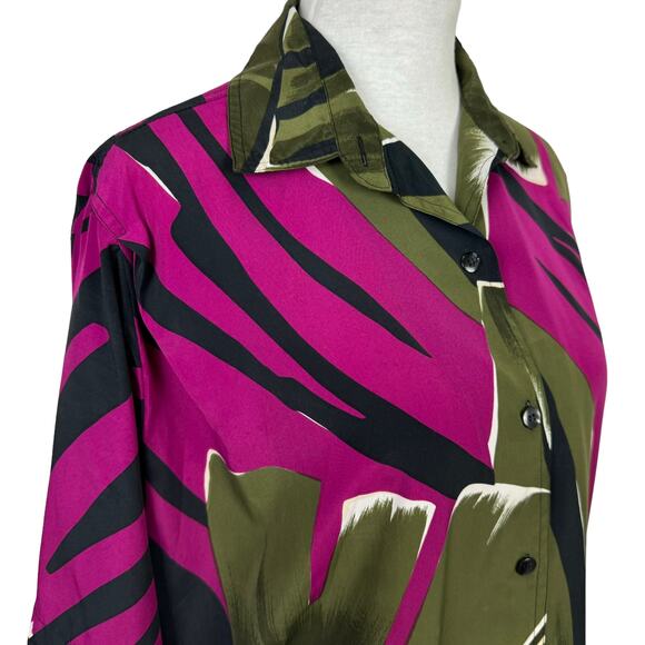Rafaella Vintage Olive Green & Fuchsia Palm Print Short Sleeve Button Up Blouse - Picture 4 of 9